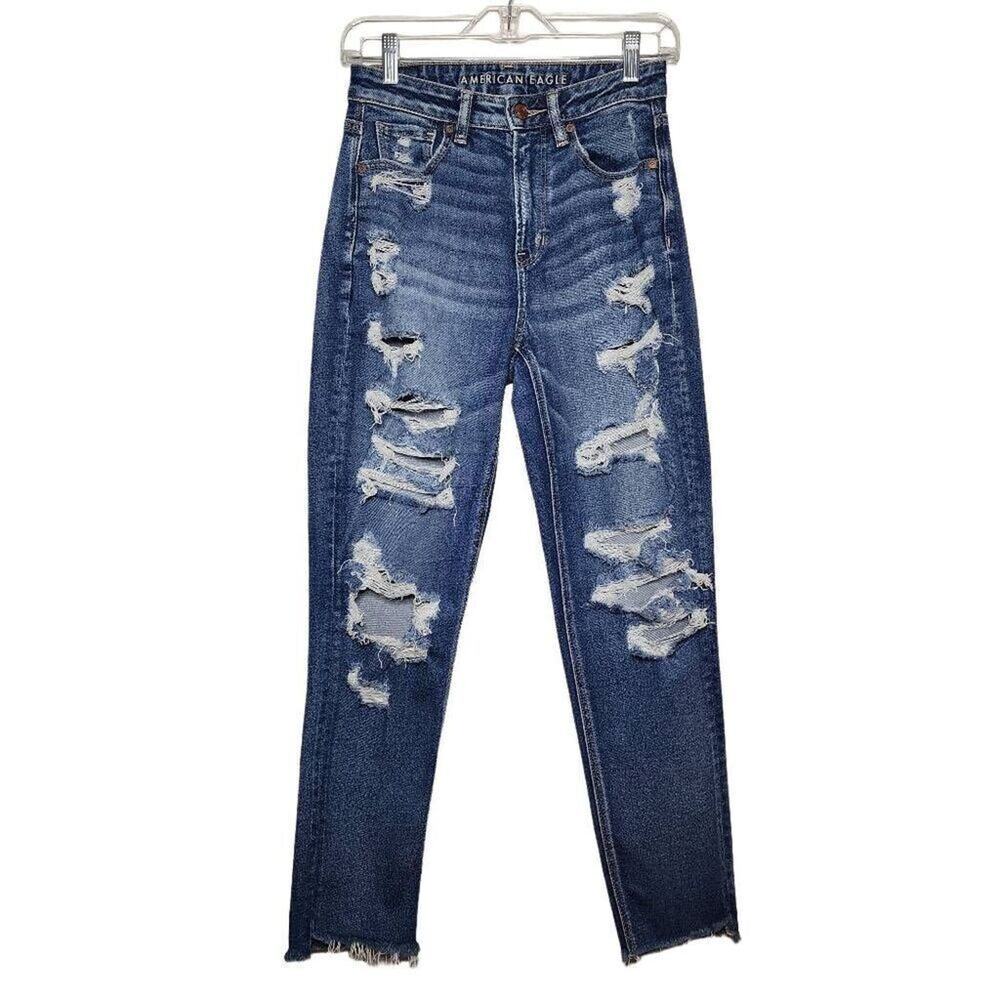 American Eagle Women's Jeans, Distressed High Rise Raw Hem Mom Jeans, Sz 2R